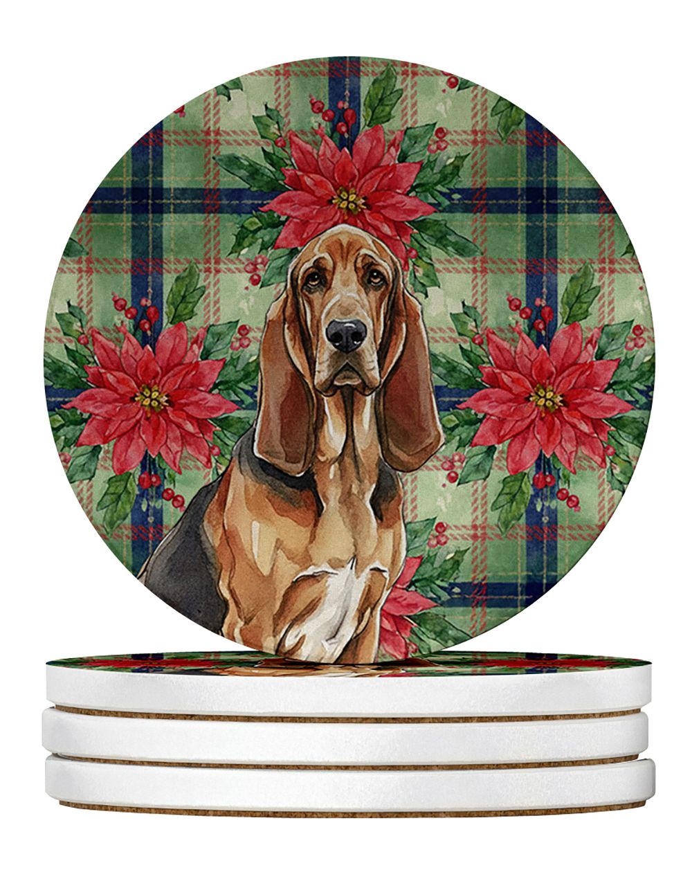 Liver and Tan Bloodhound Christmas PoinsettIas Large Sandstone Coasters Pack of 4 Absorbent Round Coasters Decor Gifts for Men o