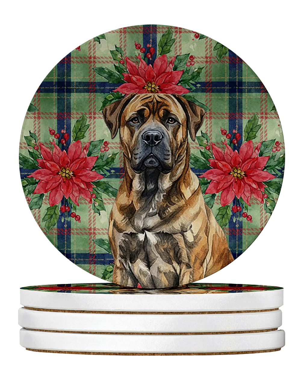 Brindle Boerboel Christmas PoinsettIas Large Sandstone Coasters Pack of 4 Absorbent Round Coasters Decor Gifts for Men or Women,