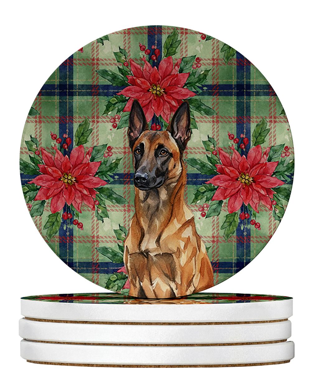 Mahogany Belgian Malinois Christmas PoinsettIas Large Sandstone Coasters Pack of 4 Absorbent Round Coasters Decor Gifts for Men 