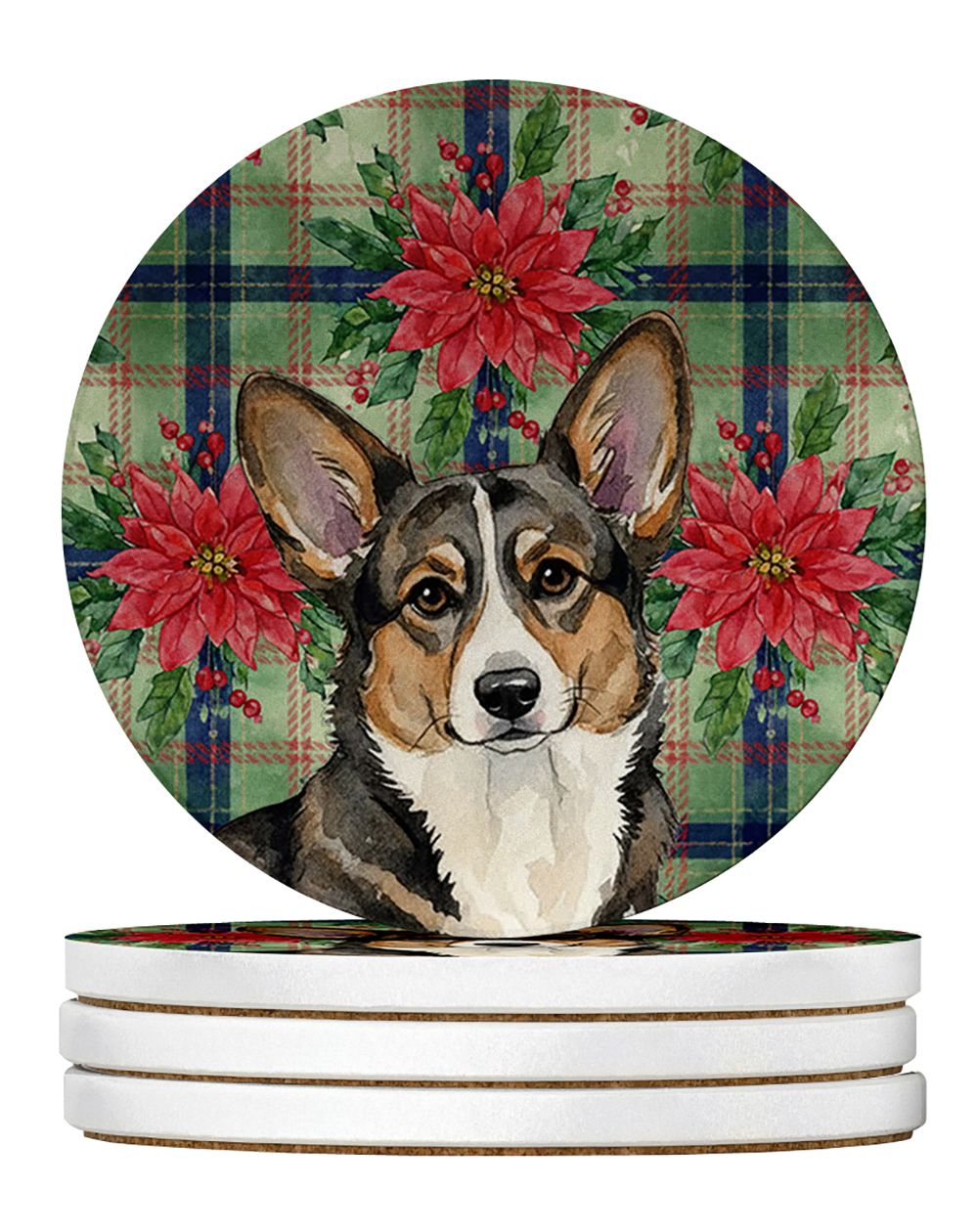 Brindle Cardigan Welsh Corgi Christmas PoinsettIas Large Sandstone Coasters Pack of 4 Absorbent Round Coasters Decor Gifts for M