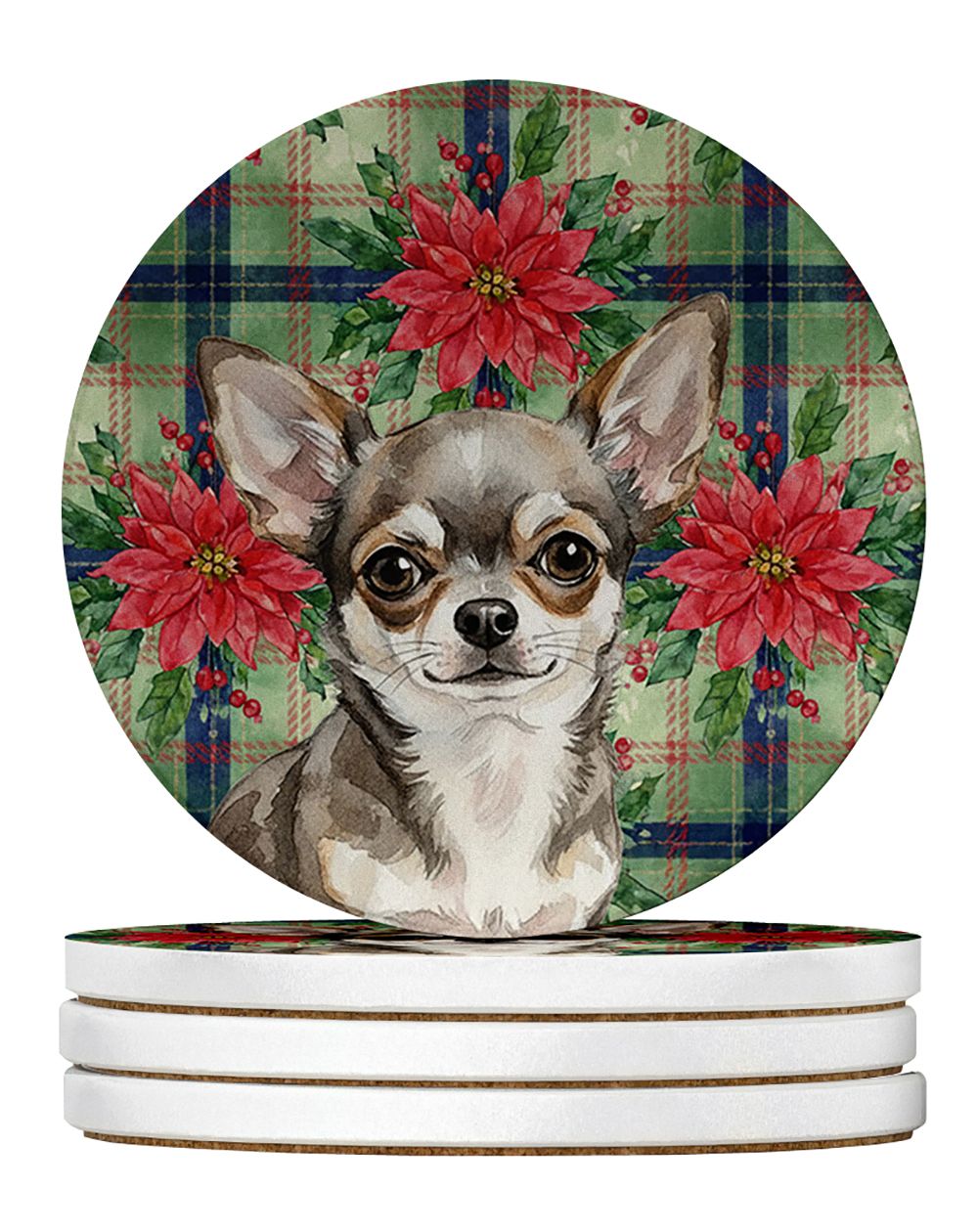 Chihuahua Christmas PoinsettIas Large Sandstone Coasters Pack of 4 Absorbent Round Coasters Decor Gifts for Men or Women, 4 in, 