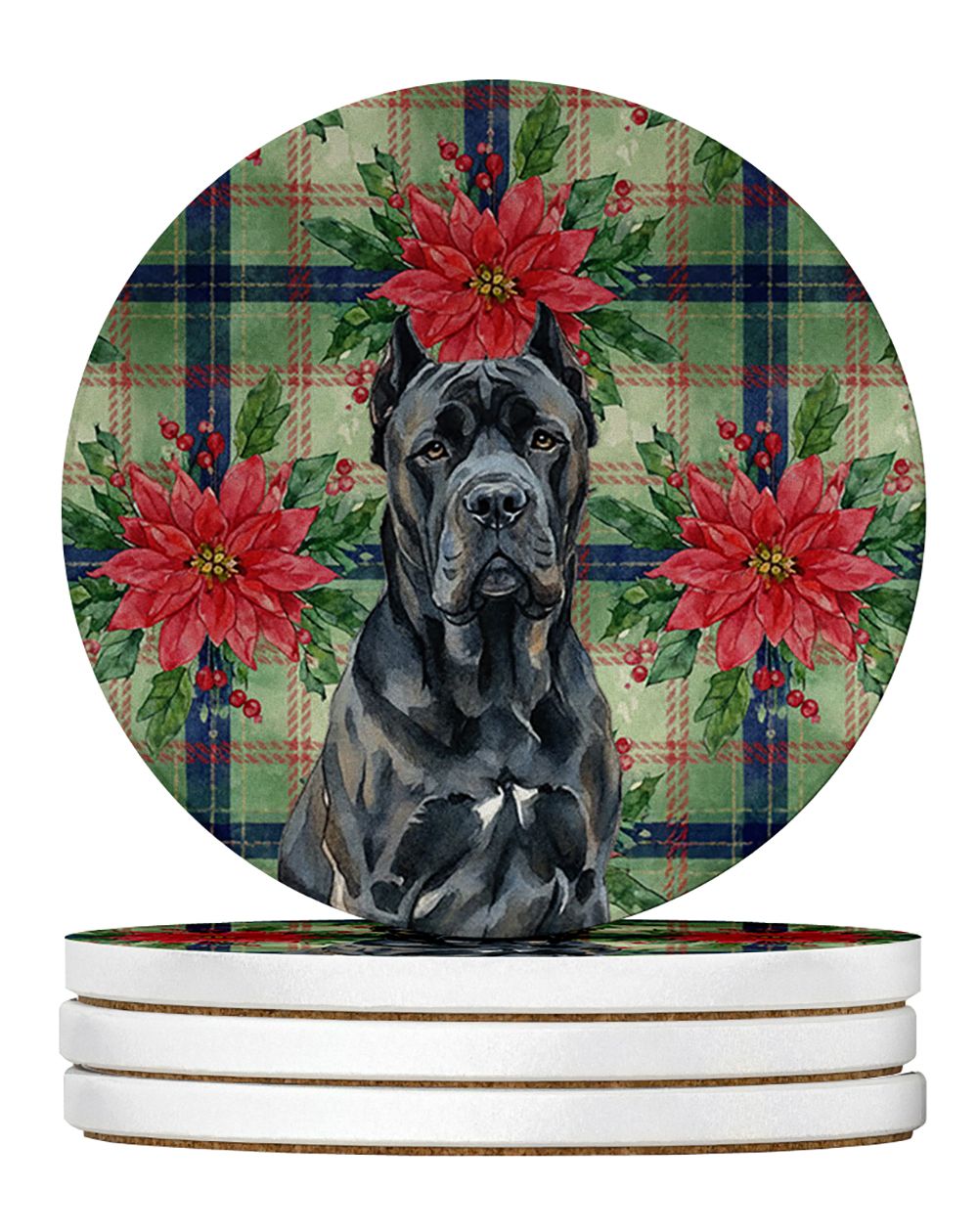 Cane Corso Christmas PoinsettIas Large Sandstone Coasters Pack of 4 Absorbent Round Coasters Decor Gifts for Men or Women, 4 in,