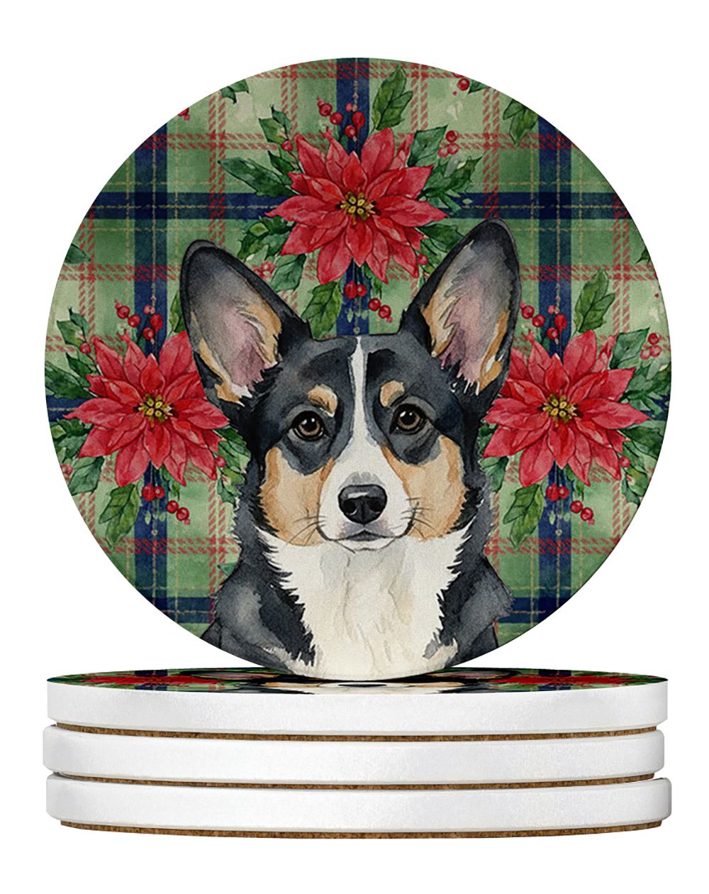 Black and White Cardigan Welsh Corgi Christmas PoinsettIas Large Sandstone Coasters Pack of 4 Absorbent Round Coasters Decor Gif