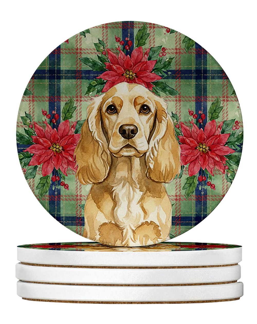 Buff Cocker Spaniel Christmas PoinsettIas Large Sandstone Coasters Pack of 4 Absorbent Round Coasters Decor Gifts for Men or Wom
