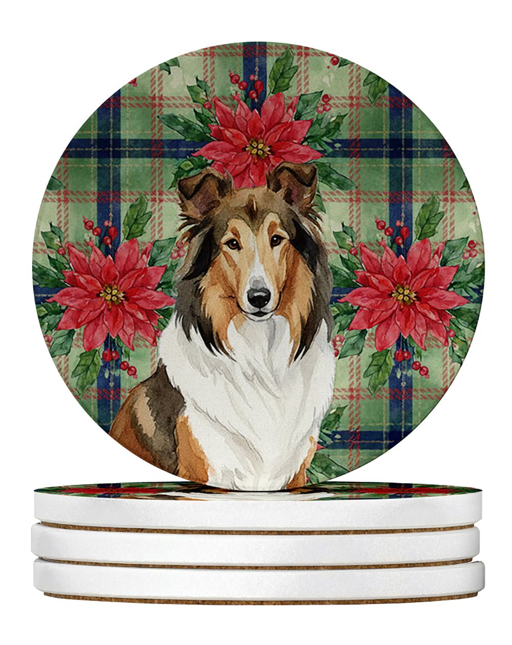 Sable Collie Christmas PoinsettIas Large Sandstone Coasters Pack of 4 Absorbent Round Coasters Decor Gifts for Men or Women, 4 i