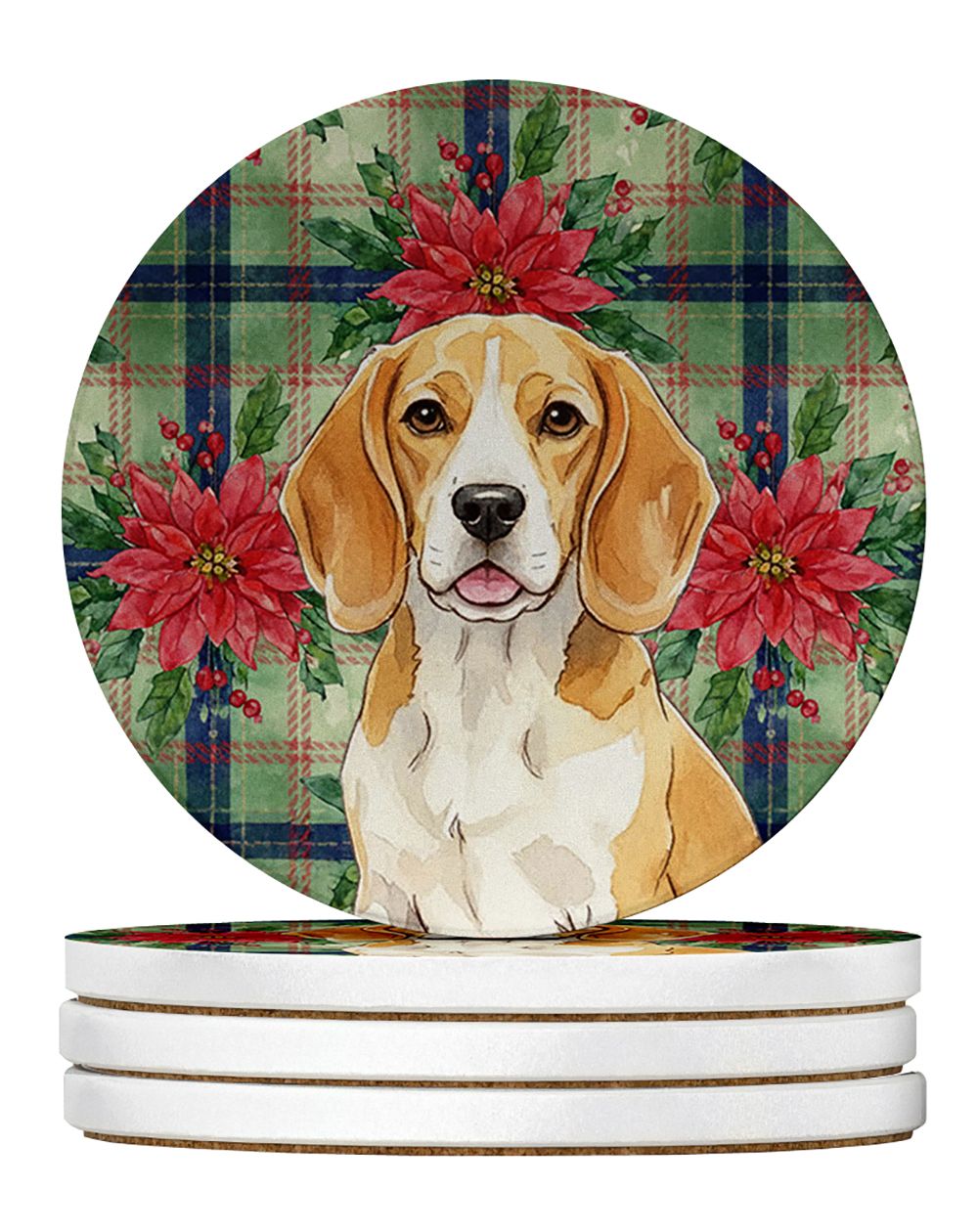 Lemon and White Beagle Christmas PoinsettIas Large Sandstone Coasters Pack of 4 Absorbent Round Coasters Decor Gifts for Men or 
