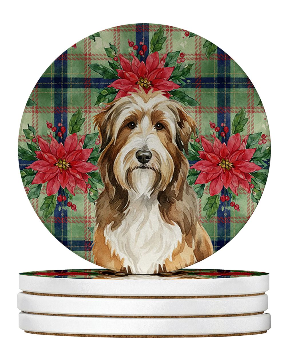 Brown Bearded Collie Christmas PoinsettIas Large Sandstone Coasters Pack of 4 Absorbent Round Coasters Decor Gifts for Men or Wo