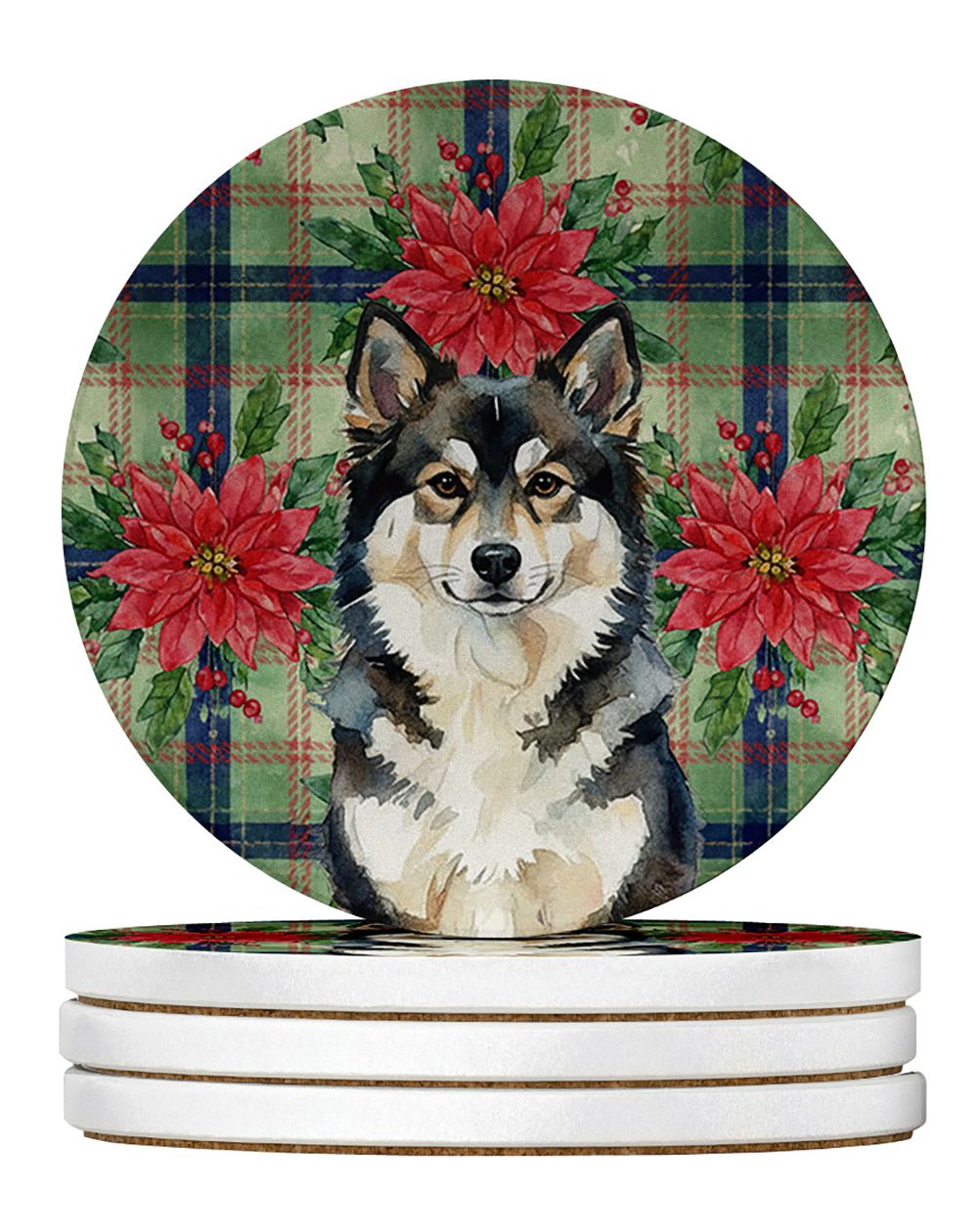 Finnish Lapphund Christmas PoinsettIas Large Sandstone Coasters Pack of 4 Absorbent Round Coasters Decor Gifts for Men or Women,