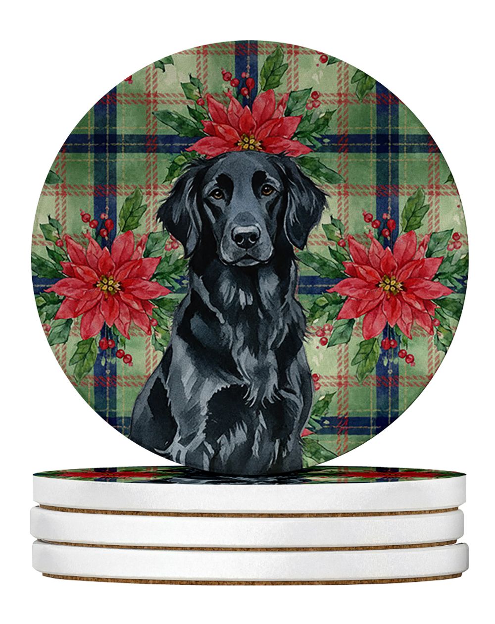Black Flat-Coated Retriever Christmas PoinsettIas Large Sandstone Coasters Pack of 4 Absorbent Round Coasters Decor Gifts for Me
