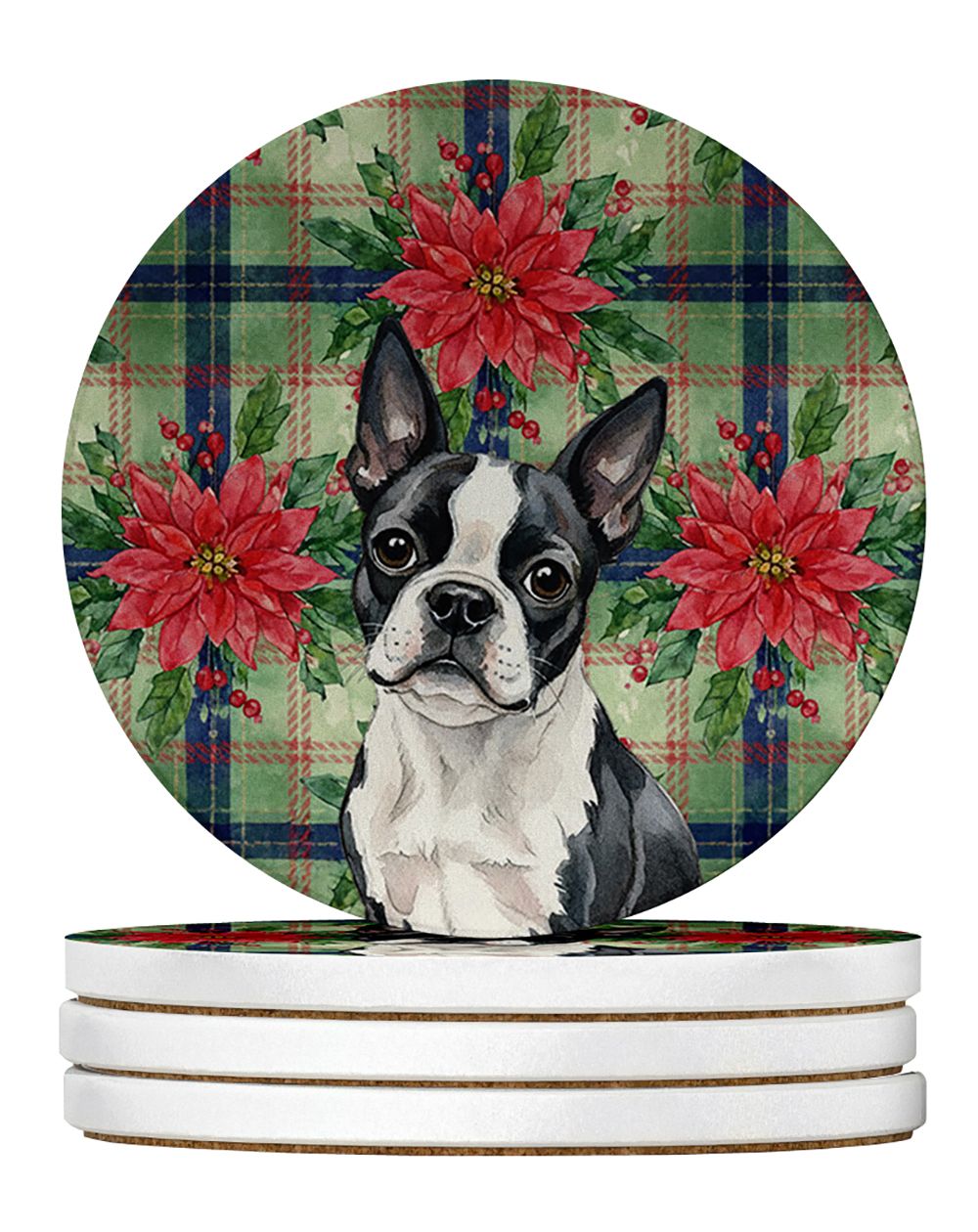 Boston Terrier Christmas PoinsettIas Large Sandstone Coasters Pack of 4 Absorbent Round Coasters Decor Gifts for Men or Women, 4