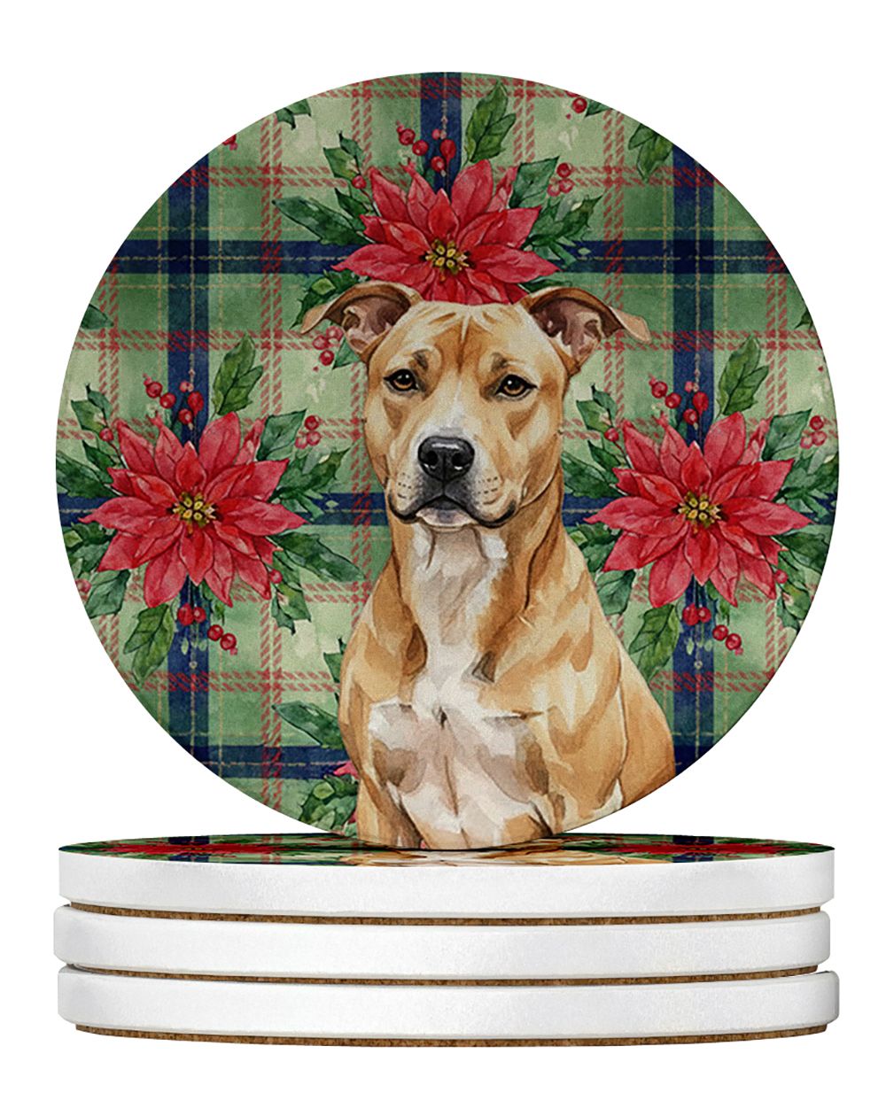Fawn American Staffordshire Terrier Christmas PoinsettIas Large Sandstone Coasters Pack of 4 Absorbent Round Coasters Decor Gift