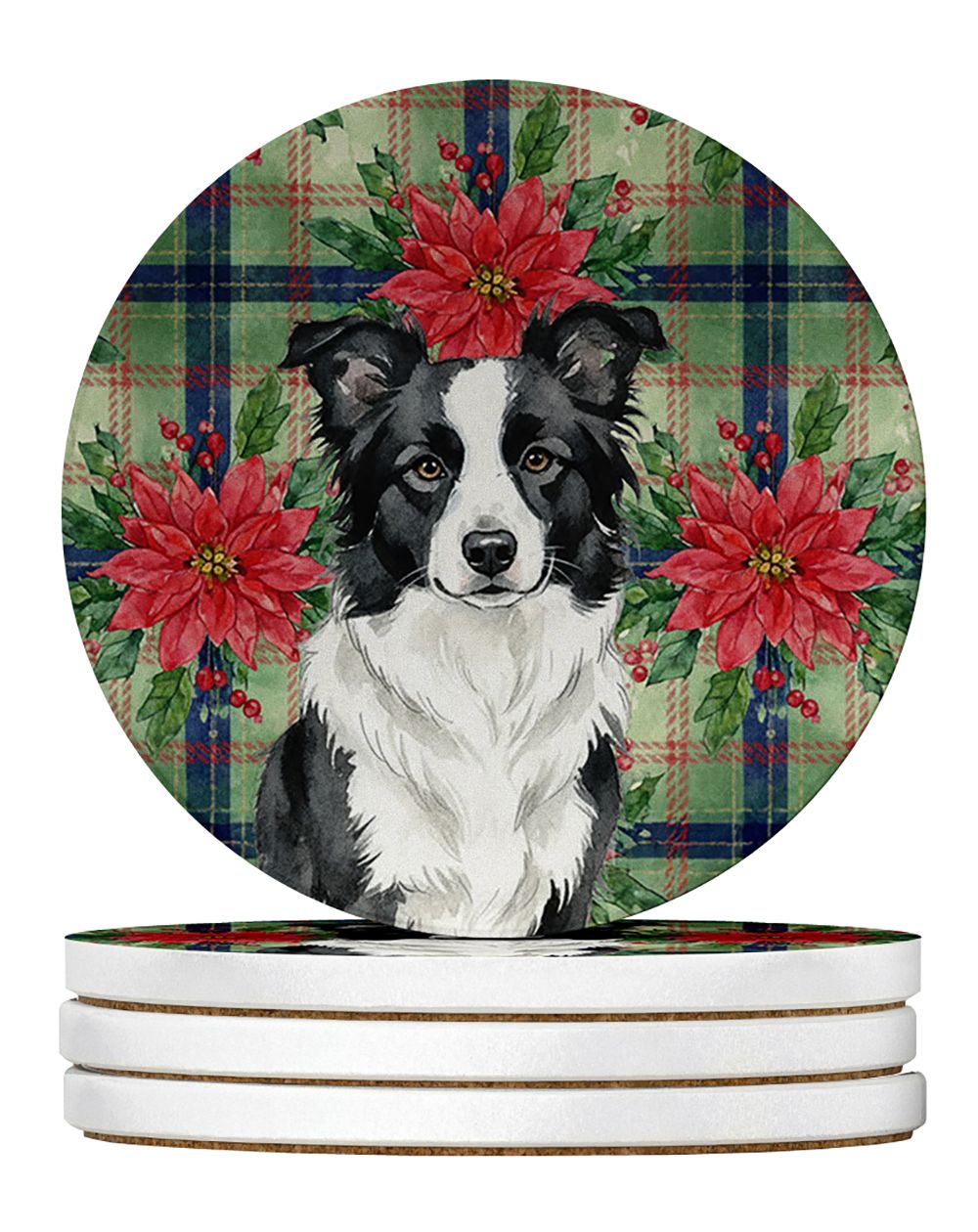 Border Collie Christmas PoinsettIas Large Sandstone Coasters Pack of 4 Absorbent Round Coasters Decor Gifts for Men or Women, 4 