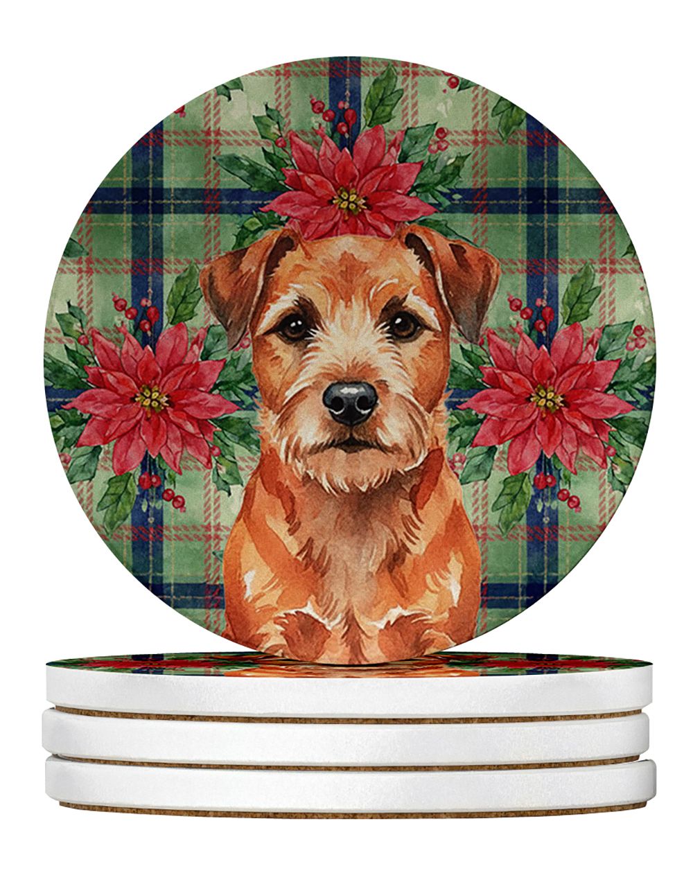 Red Border Terrier Christmas PoinsettIas Large Sandstone Coasters Pack of 4 Absorbent Round Coasters Decor Gifts for Men or Wome