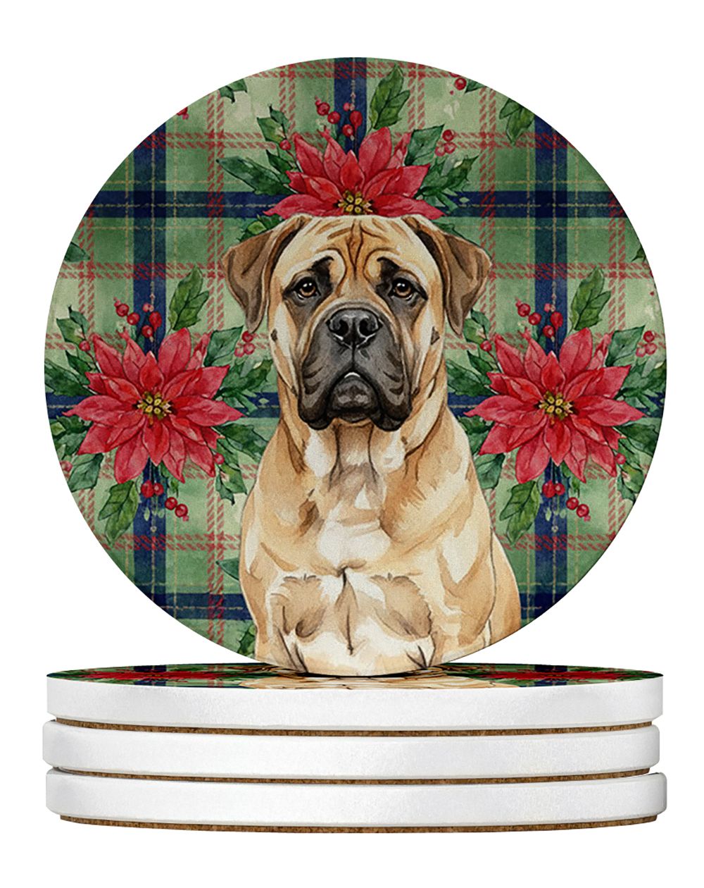 Bullmastiff Christmas PoinsettIas Large Sandstone Coasters Pack of 4 Absorbent Round Coasters Decor Gifts for Men or Women, 4 in