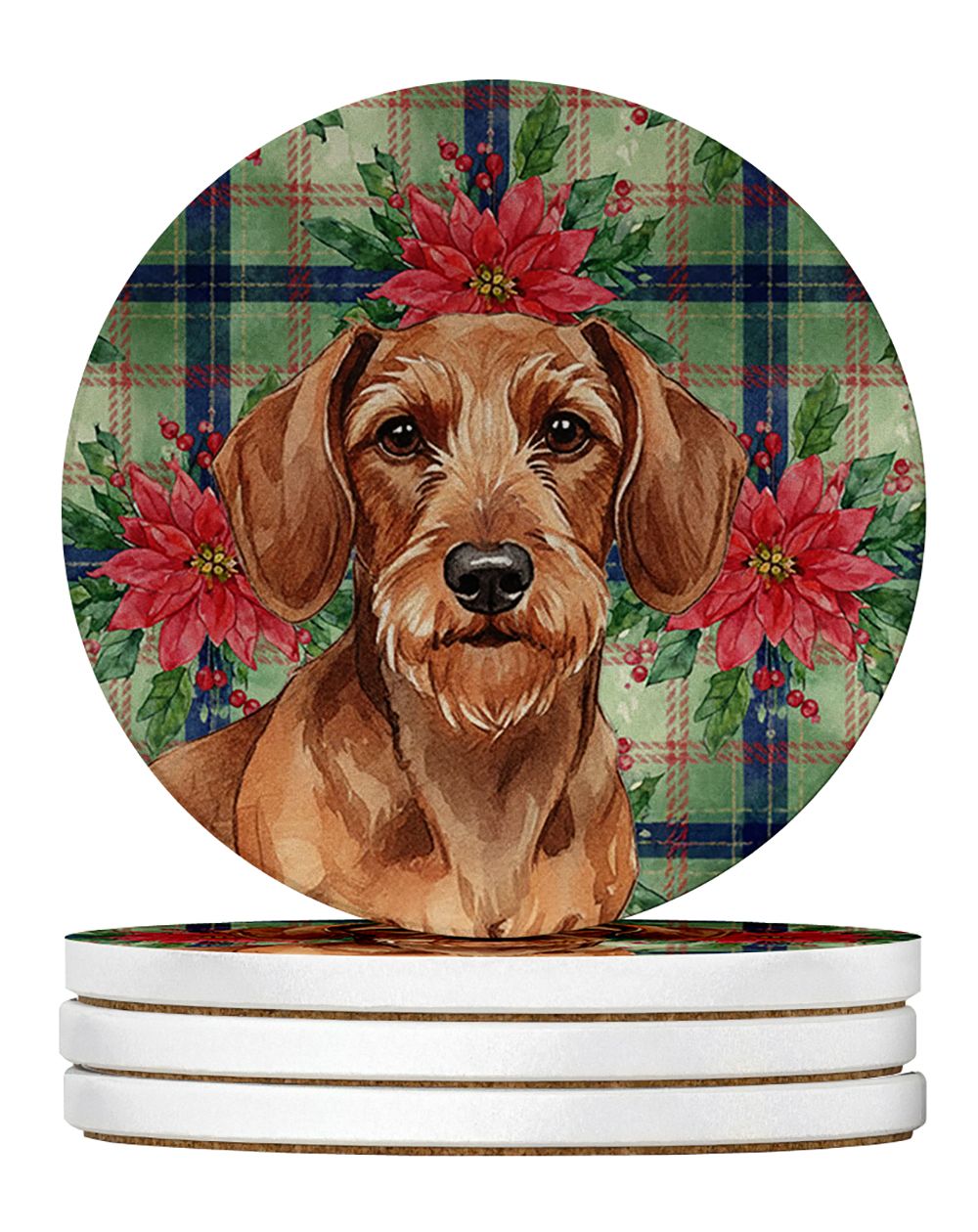 Wirehaired Red Dachshund Christmas PoinsettIas Large Sandstone Coasters Pack of 4 Absorbent Round Coasters Decor Gifts for Men o