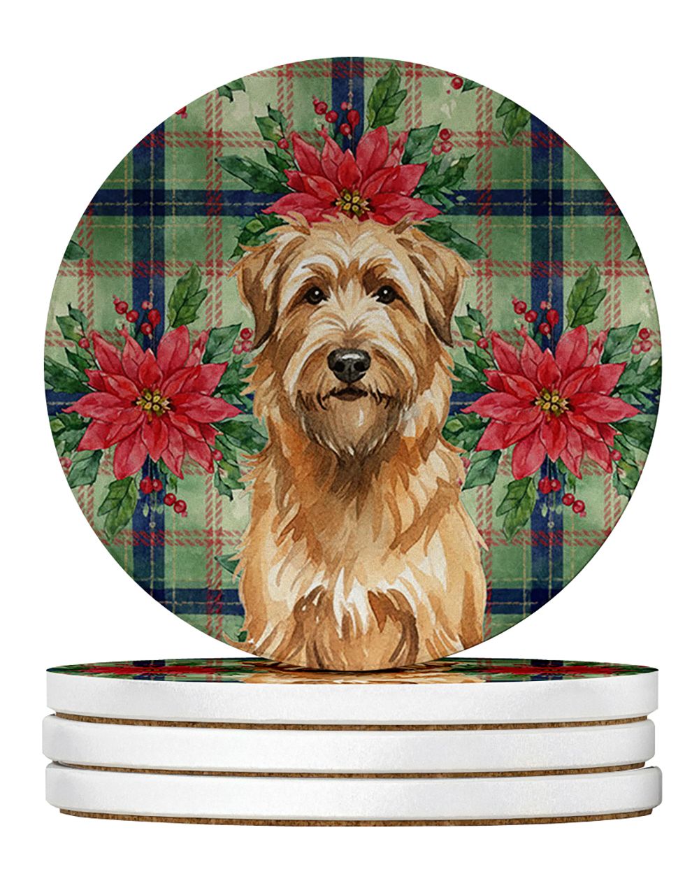 Tawny Briard Christmas PoinsettIas Large Sandstone Coasters Pack of 4 Absorbent Round Coasters Decor Gifts for Men or Women, 4 i