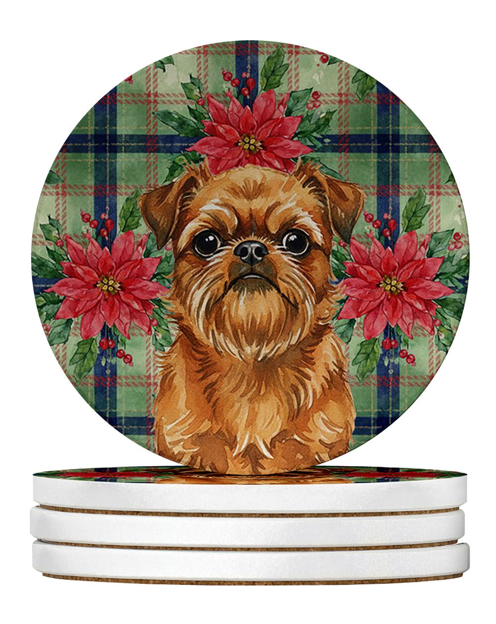 Belge Brussels Griffon Christmas PoinsettIas Large Sandstone Coasters Pack of 4 Absorbent Round Coasters Decor Gifts for Men or 