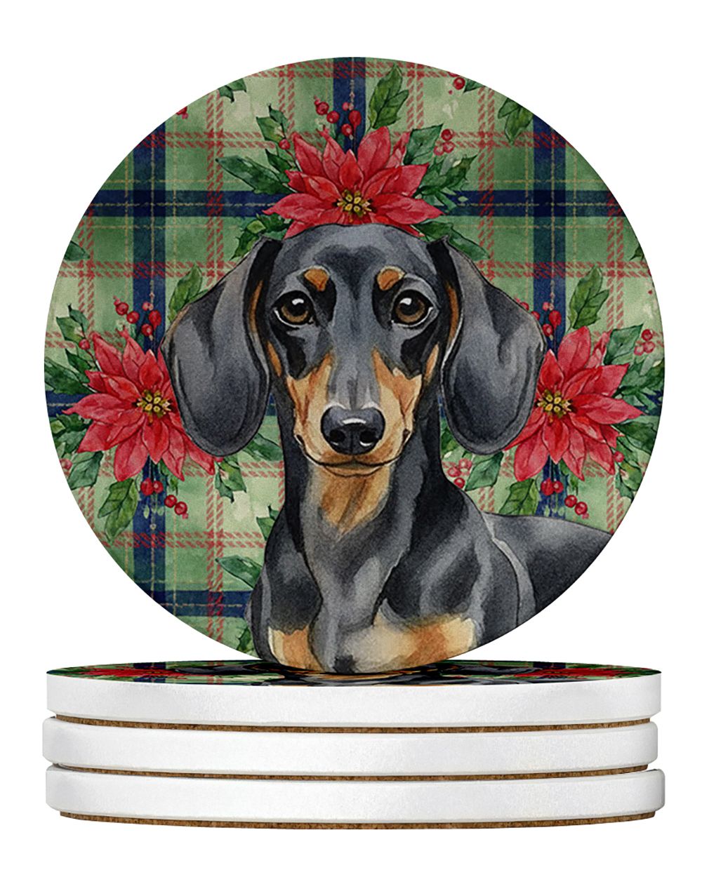 Black and Tan Dachshund Christmas PoinsettIas Large Sandstone Coasters Pack of 4 Absorbent Round Coasters Decor Gifts for Men or
