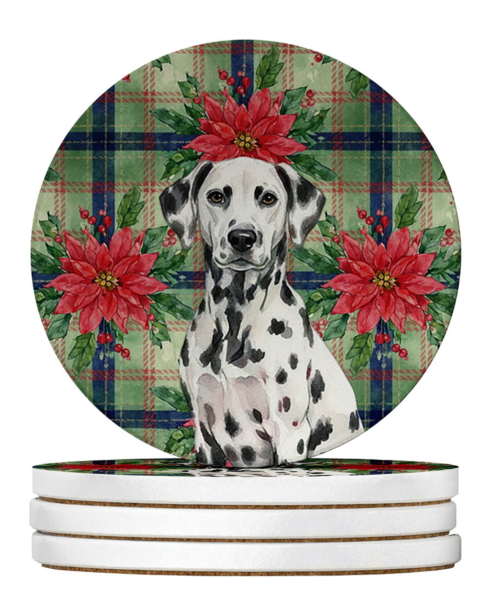 Dalmatian Christmas PoinsettIas Large Sandstone Coasters Pack of 4 Absorbent Round Coasters Decor Gifts for Men or Women, 4 in, 