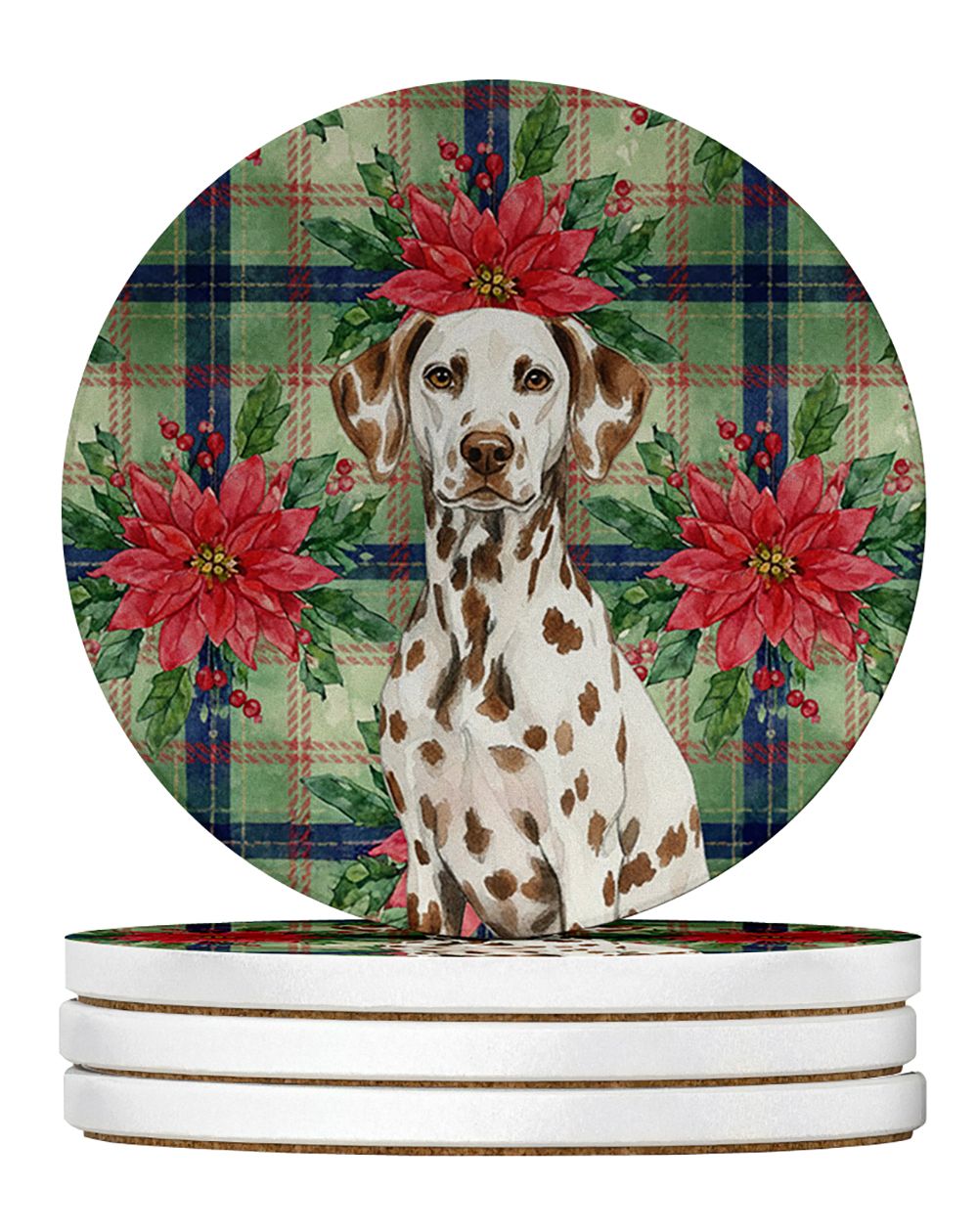 Liver Dalmatian Christmas PoinsettIas Large Sandstone Coasters Pack of 4 Absorbent Round Coasters Decor Gifts for Men or Women, 