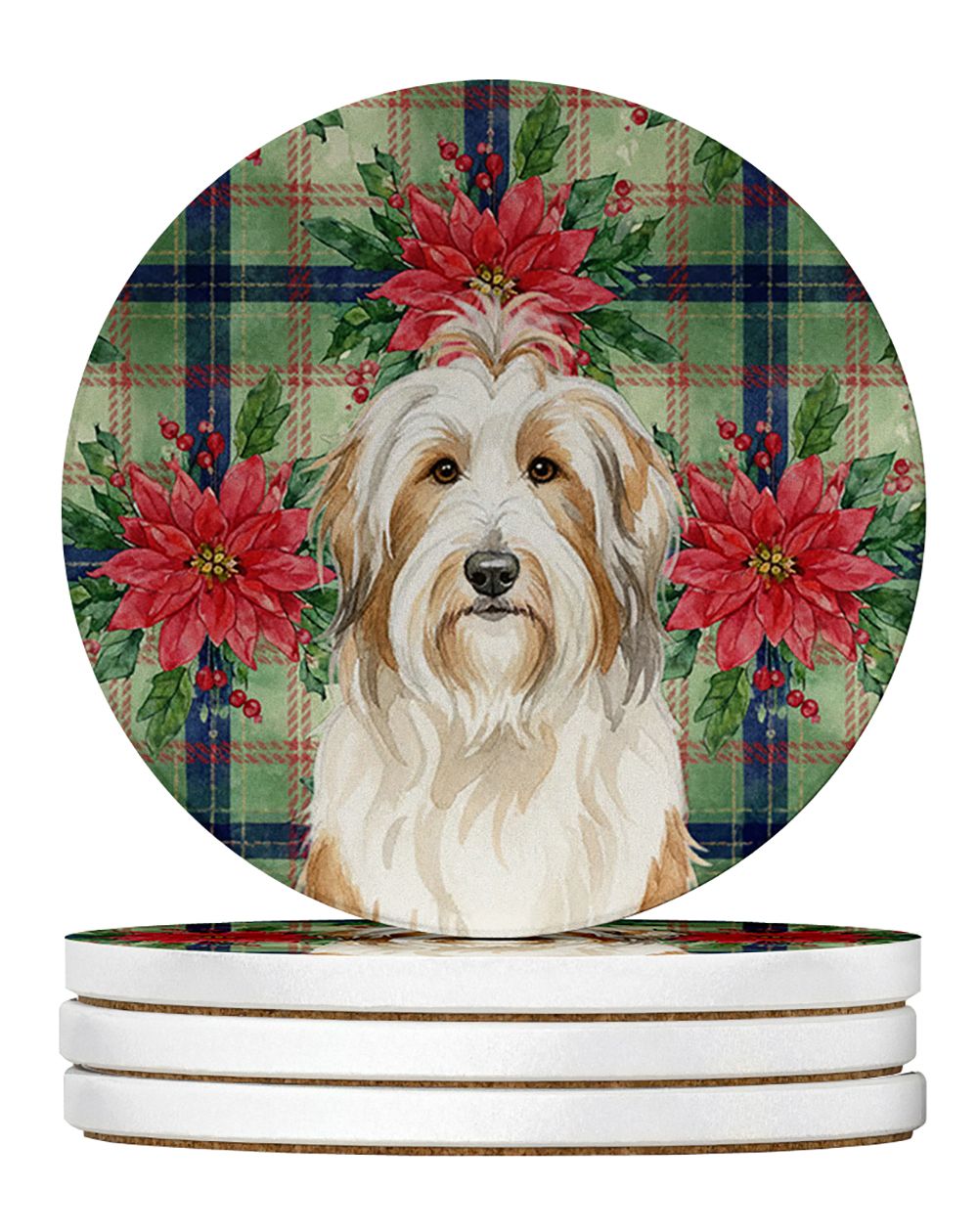 White and Tan Bearded Collie Christmas PoinsettIas Large Sandstone Coasters Pack of 4 Absorbent Round Coasters Decor Gifts for M