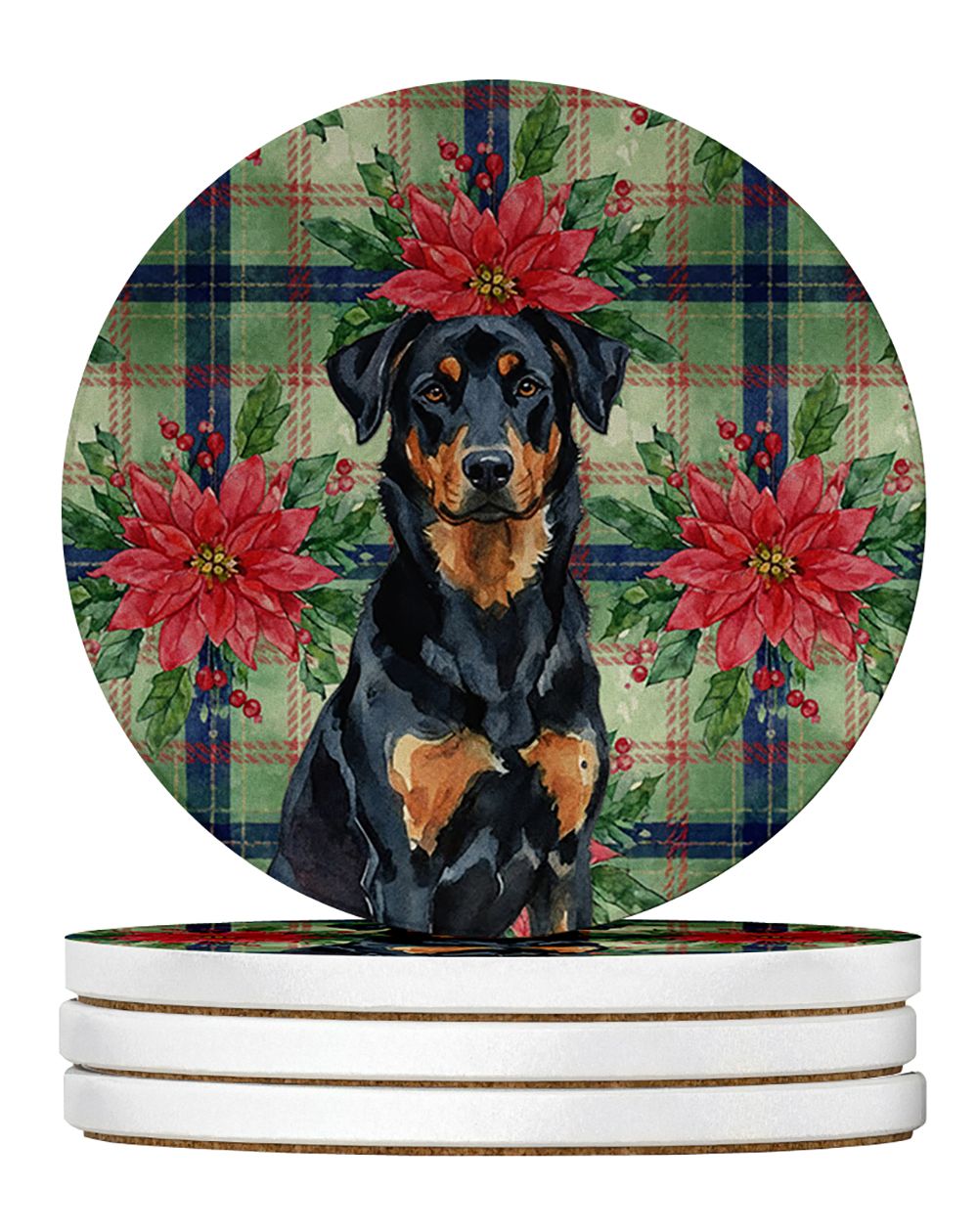 Beauceron Christmas PoinsettIas Large Sandstone Coasters Pack of 4 Absorbent Round Coasters Decor Gifts for Men or Women, 4 in, 