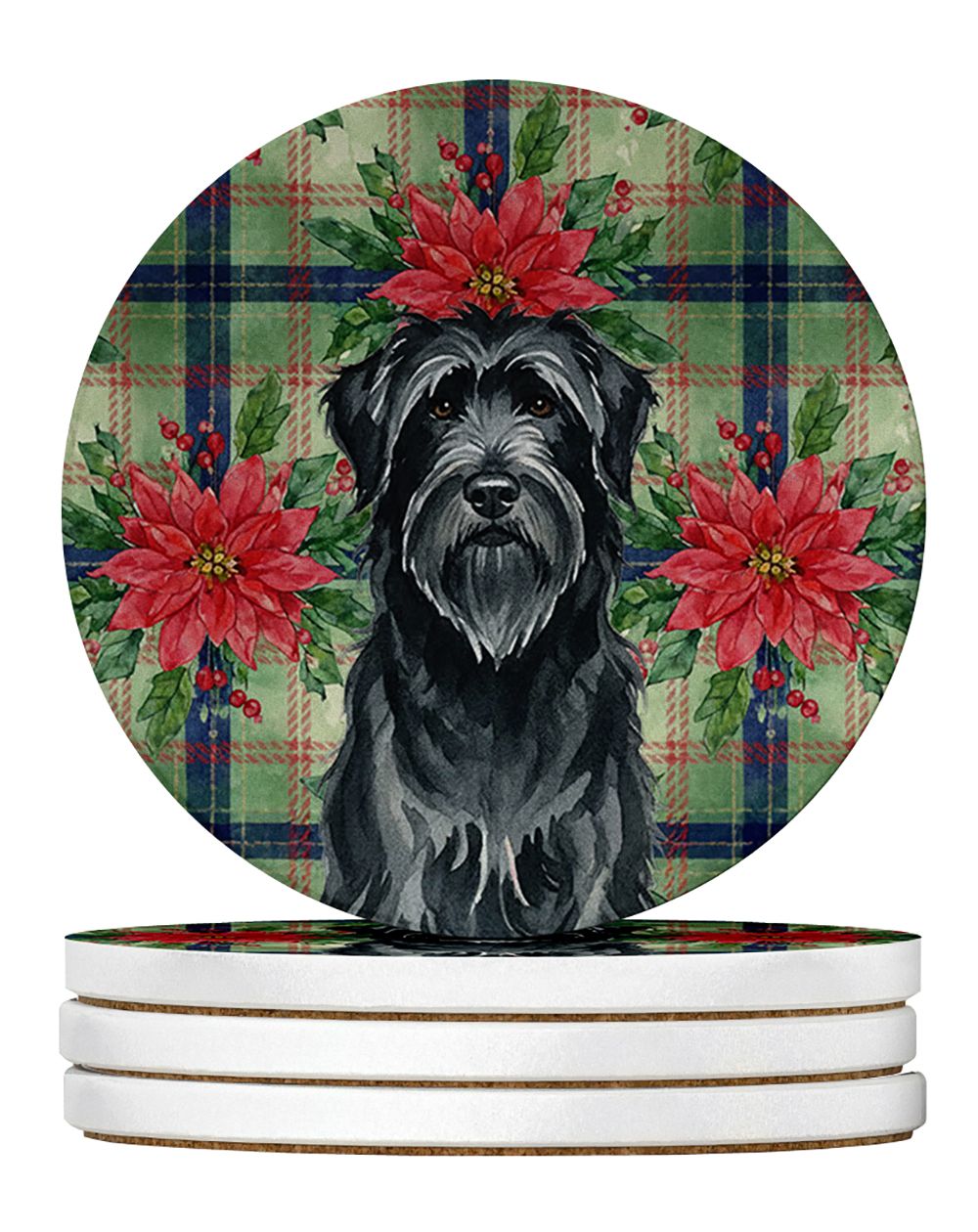 Black Briard Christmas PoinsettIas Large Sandstone Coasters Pack of 4 Absorbent Round Coasters Decor Gifts for Men or Women, 4 i