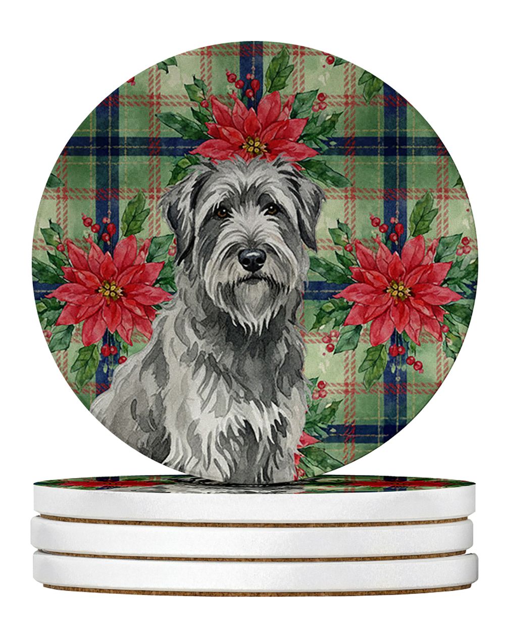 Gray Briard Christmas PoinsettIas Large Sandstone Coasters Pack of 4 Absorbent Round Coasters Decor Gifts for Men or Women, 4 in