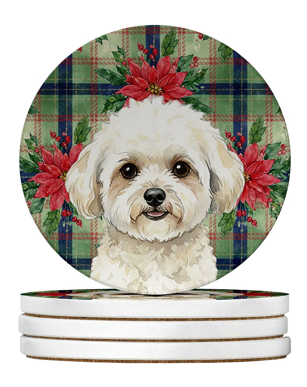White and Cream Bichon Frise Christmas PoinsettIas Large Sandstone Coasters Pack of 4 Absorbent Round Coasters Decor Gifts for M