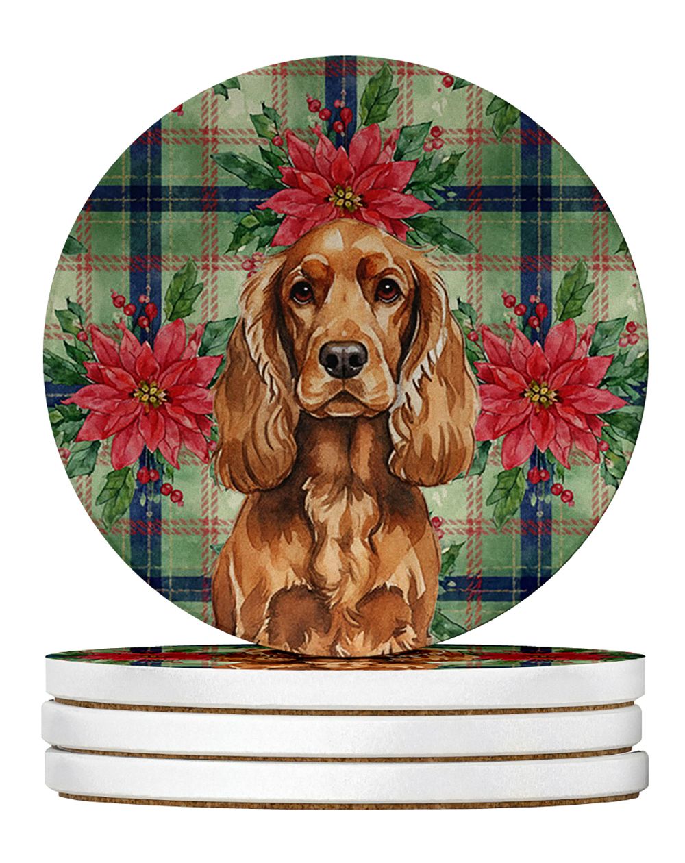 Red English Cocker Spaniel Christmas PoinsettIas Large Sandstone Coasters Pack of 4 Absorbent Round Coasters Decor Gifts for Men