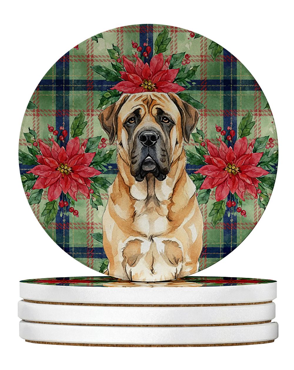 Apricot English Mastiff Christmas PoinsettIas Large Sandstone Coasters Pack of 4 Absorbent Round Coasters Decor Gifts for Men or