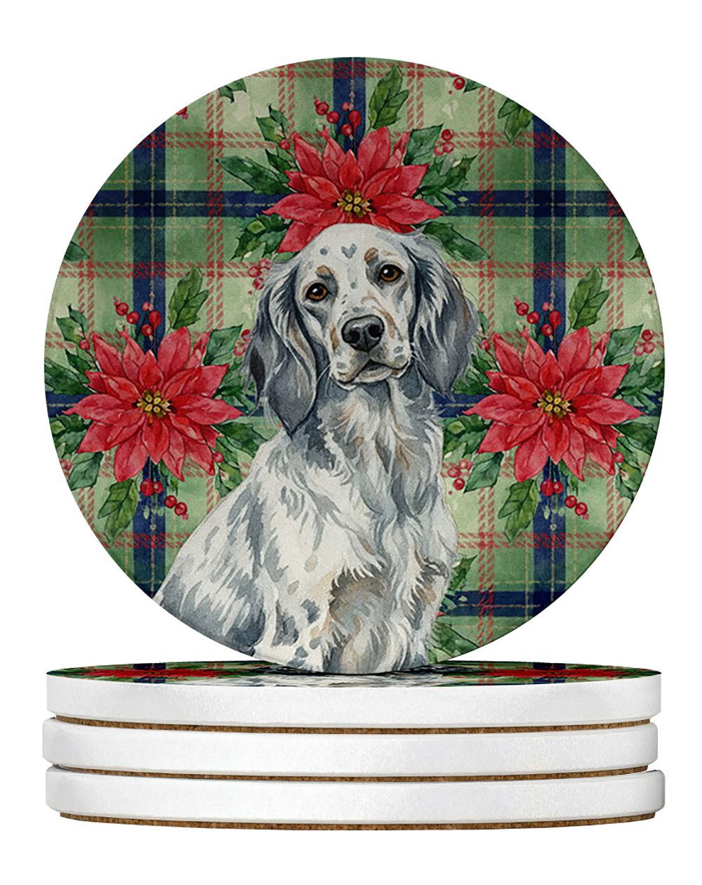 Blue Belton English Setter Christmas PoinsettIas Large Sandstone Coasters Pack of 4 Absorbent Round Coasters Decor Gifts for Men