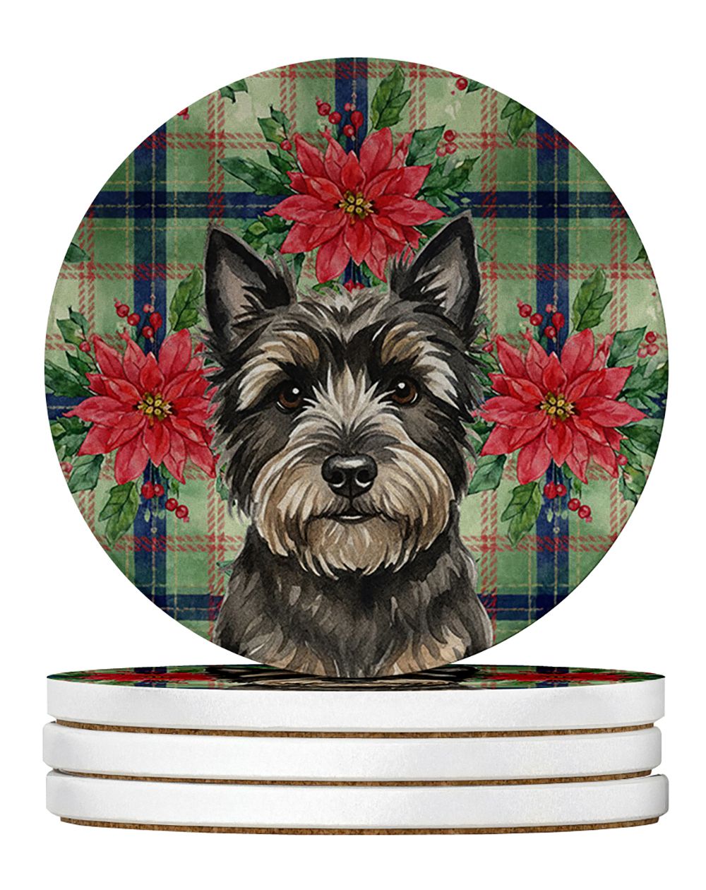 Black Cairn Terrier Christmas PoinsettIas Large Sandstone Coasters Pack of 4 Absorbent Round Coasters Decor Gifts for Men or Wom