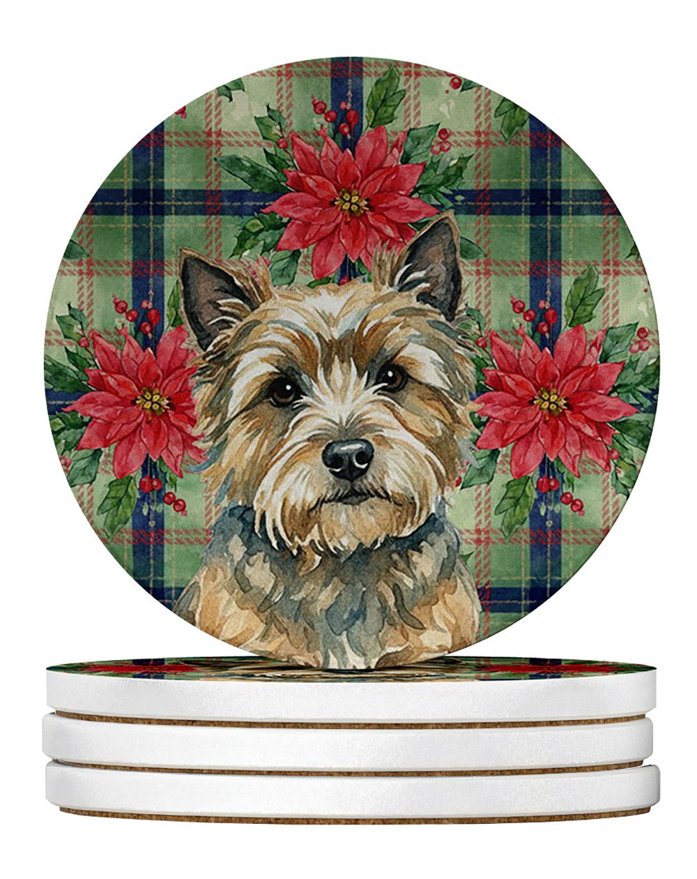Cairn Terrier Christmas PoinsettIas Large Sandstone Coasters Pack of 4 Absorbent Round Coasters Decor Gifts for Men or Women, 4 