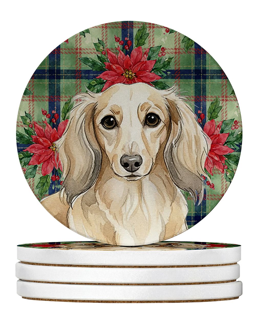 Longhaired Cream Dachshund Christmas PoinsettIas Large Sandstone Coasters Pack of 4 Absorbent Round Coasters Decor Gifts for Men