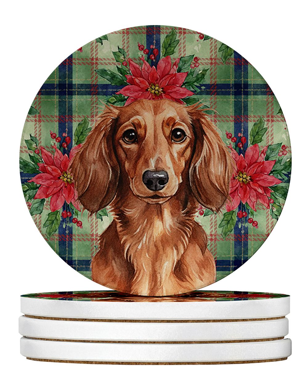 Longhaired Red Dachshund Christmas PoinsettIas Large Sandstone Coasters Pack of 4 Absorbent Round Coasters Decor Gifts for Men o