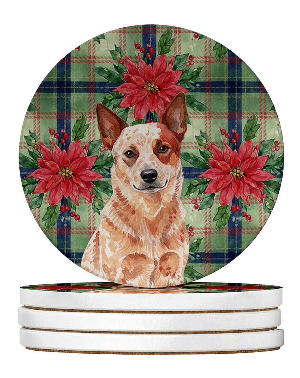 Red Heeler Australian Cattle Dog Christmas PoinsettIas Large Sandstone Coasters Pack of 4 Absorbent Round Coasters Decor Gifts f