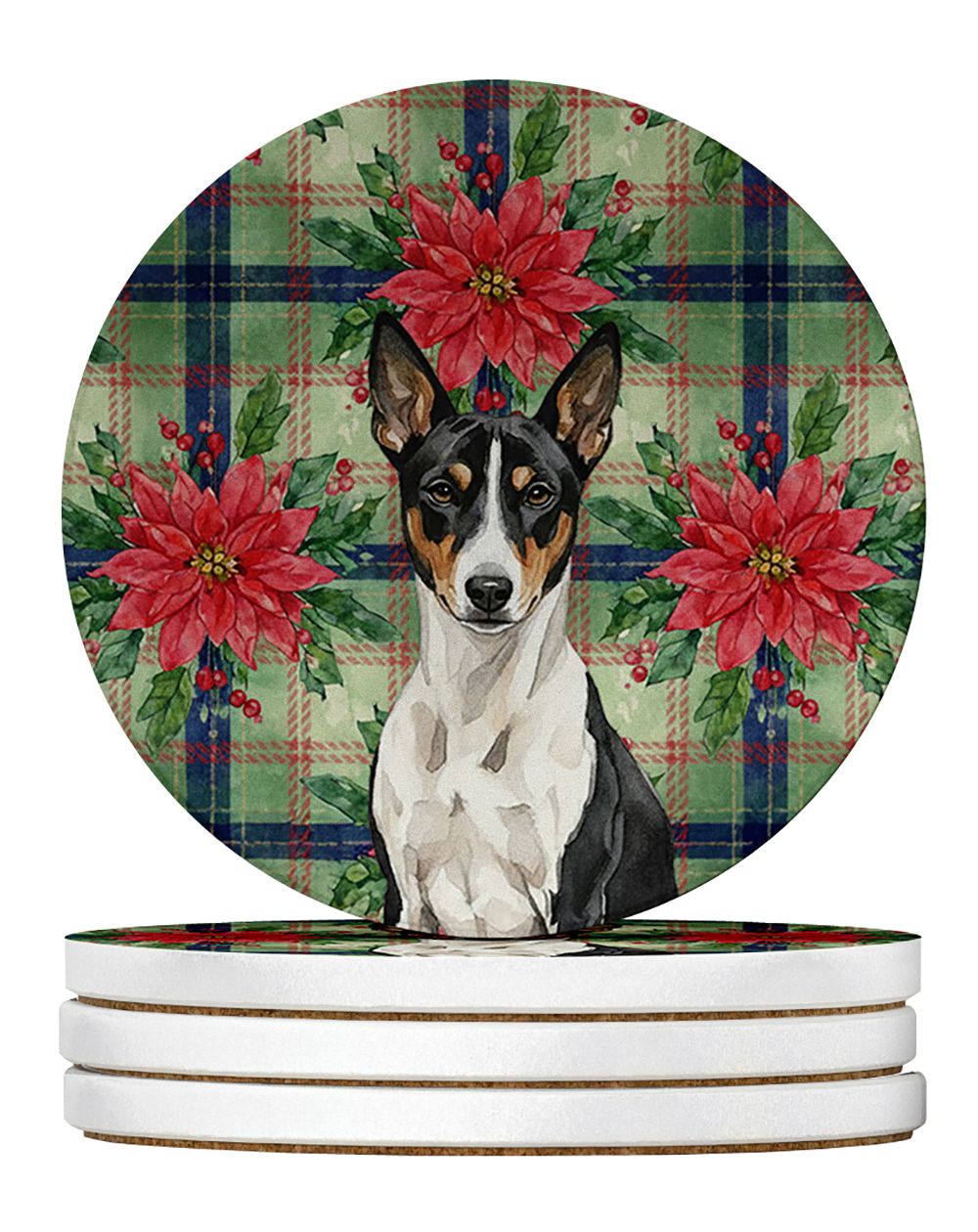 Black and White Basenji Christmas PoinsettIas Large Sandstone Coasters Pack of 4 Absorbent Round Coasters Decor Gifts for Men or