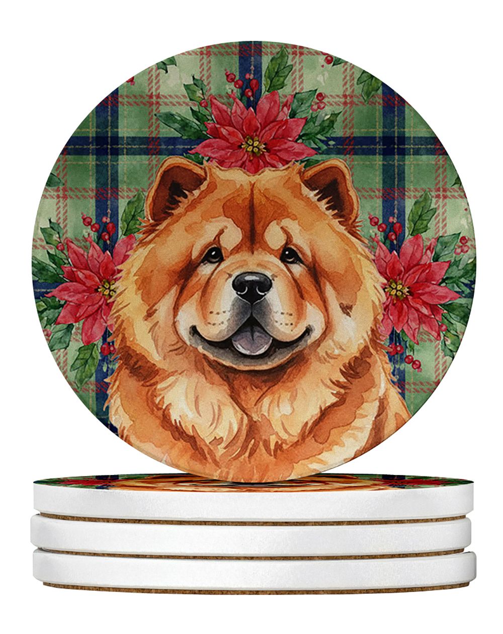 Red Chow Chow Christmas PoinsettIas Large Sandstone Coasters Pack of 4 Absorbent Round Coasters Decor Gifts for Men or Women, 4 