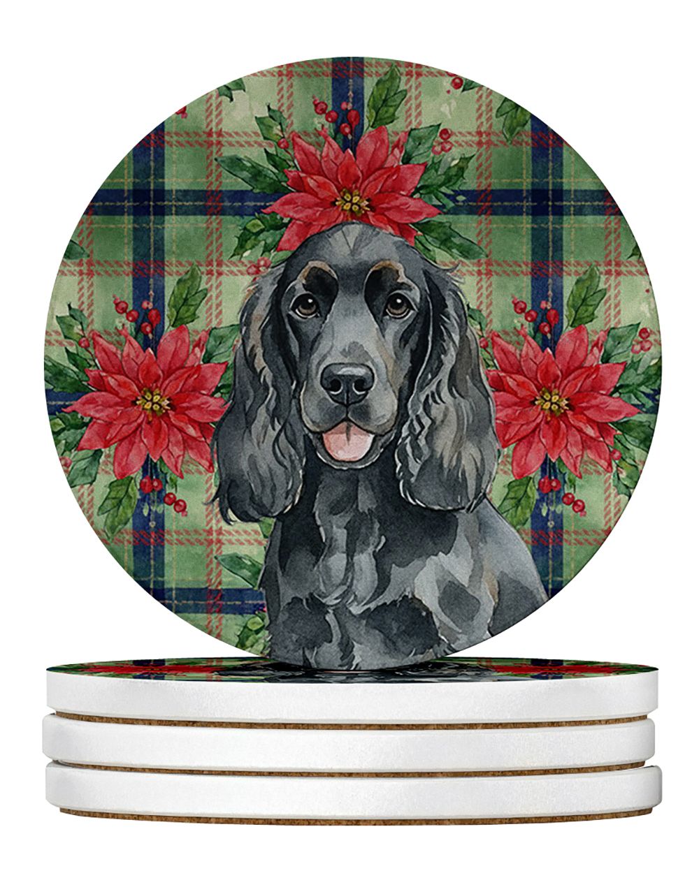 Black Cocker Spaniel Christmas PoinsettIas Large Sandstone Coasters Pack of 4 Absorbent Round Coasters Decor Gifts for Men or Wo