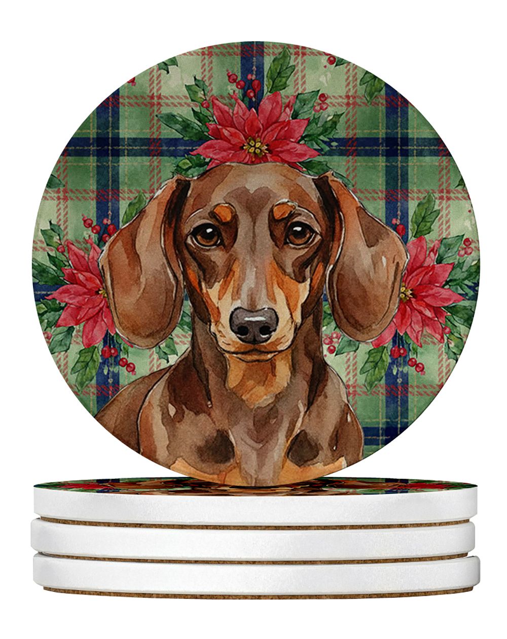 Chocolate and Tan Dachshund Christmas PoinsettIas Large Sandstone Coasters Pack of 4 Absorbent Round Coasters Decor Gifts for Me