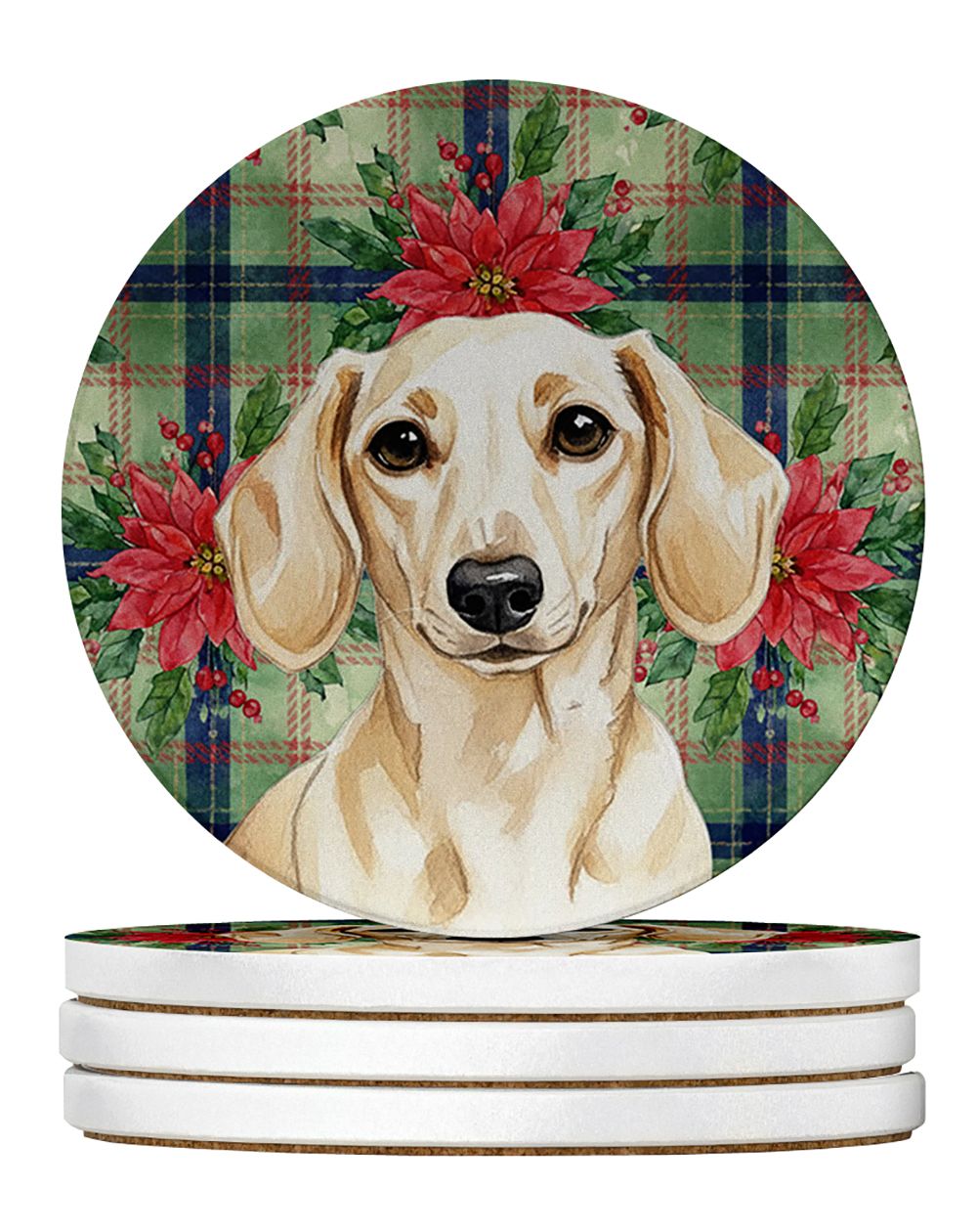 Cream Dachshund Christmas PoinsettIas Large Sandstone Coasters Pack of 4 Absorbent Round Coasters Decor Gifts for Men or Women, 