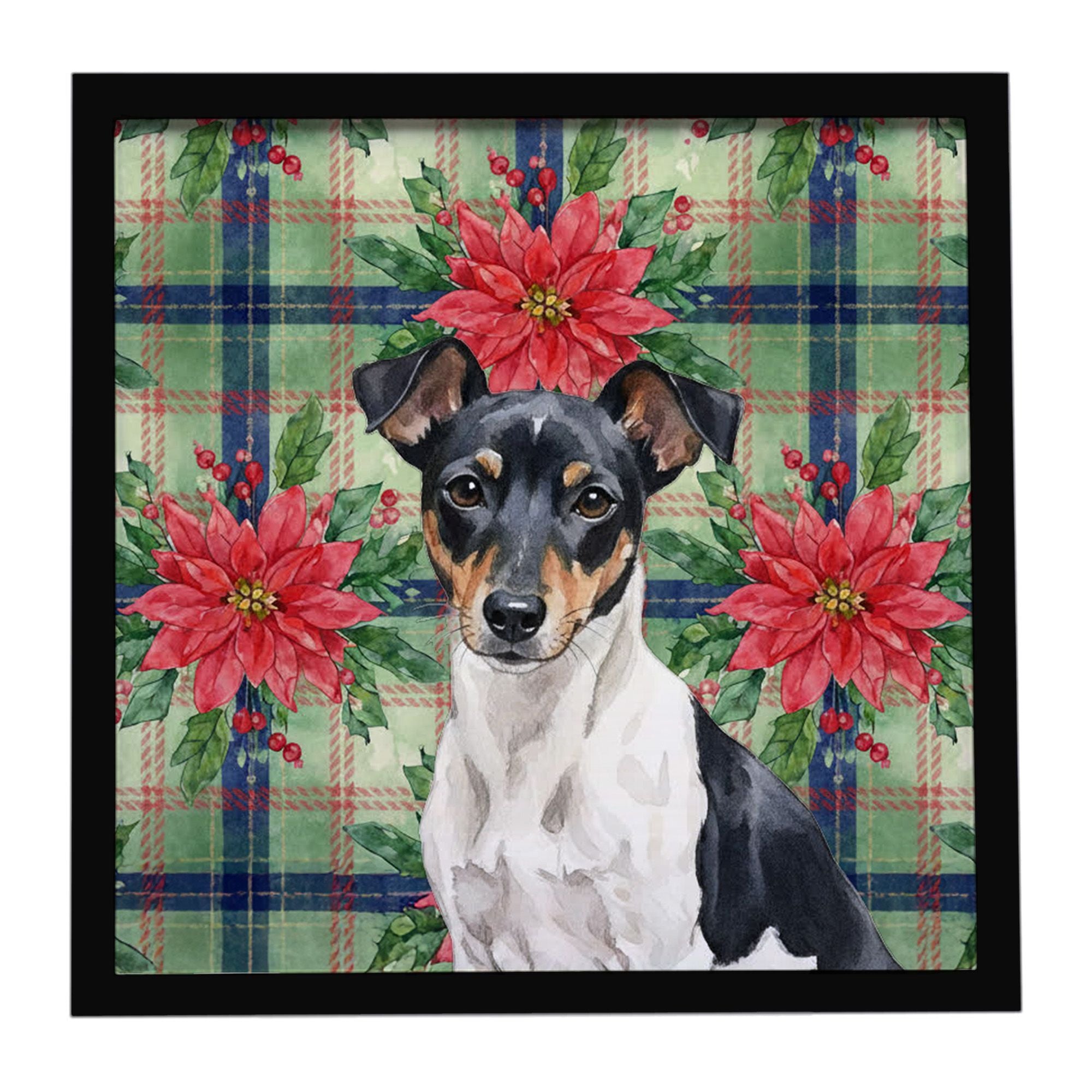Black and White Rat Terrier Christmas PoinsettIas Framed Metal Print Bathroom, Kitchen, Office, Home Decor Wall Art Ready to Han