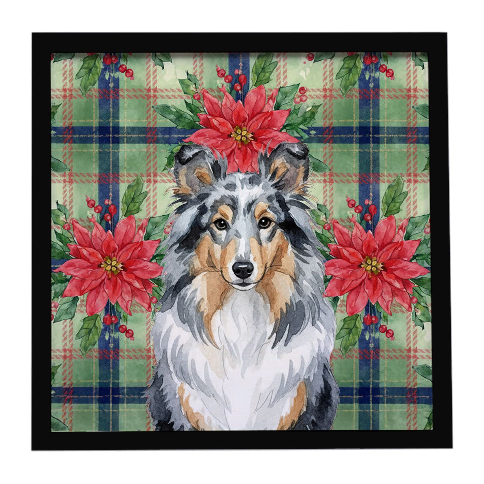 Blue Merle Sheltie Christmas PoinsettIas Framed Metal Print Bathroom, Kitchen, Office, Home Decor Wall Art Ready to Hang, Square