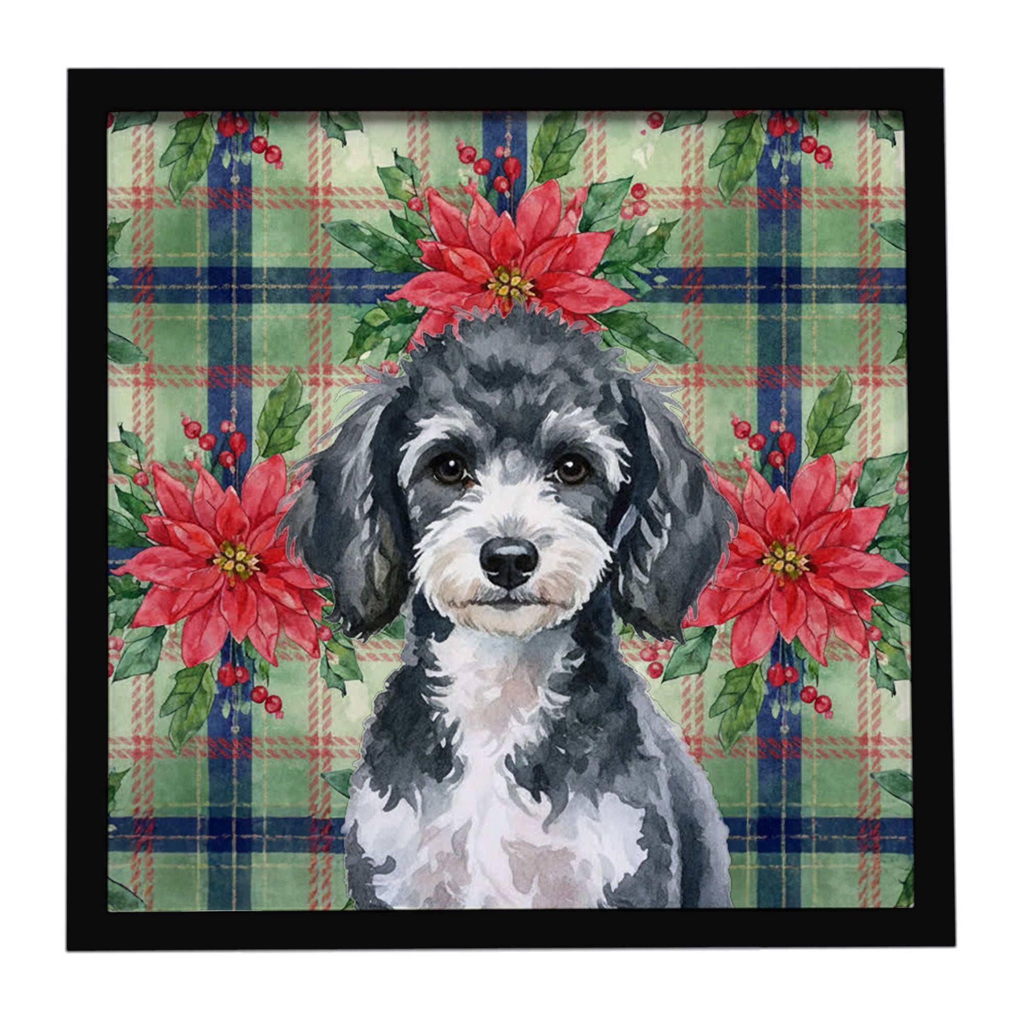 Miniature Parti Poodle Christmas PoinsettIas Framed Metal Print Bathroom, Kitchen, Office, Home Decor Wall Art Ready to Hang, Sq