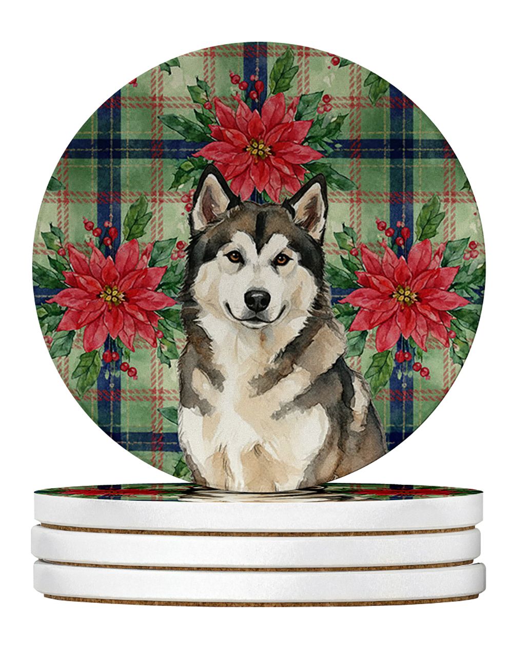 Sable and White Alaskan Malamute Christmas Poinsettas Large Sandstone Coasters Pack of 4 Absorbent Round Coasters Decor Gifts fo