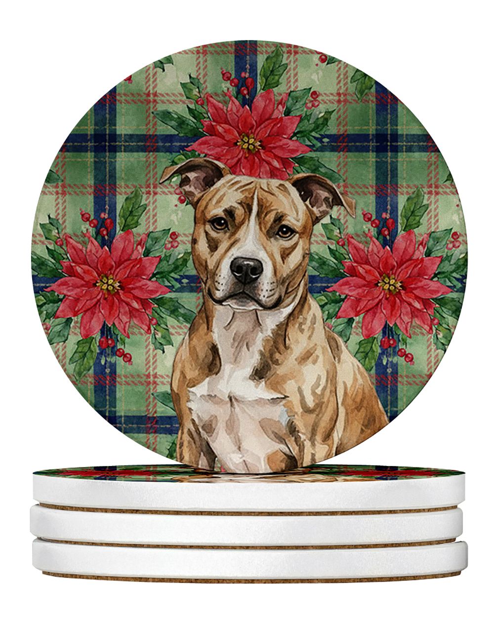 Brindle American Staffordshire Terrier Christmas PoinsettIas Large Sandstone Coasters Pack of 4 Absorbent Round Coasters Decor G