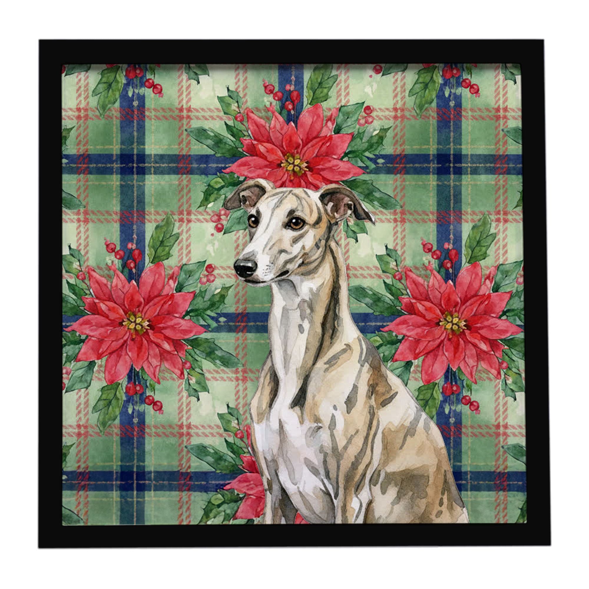 Brindle Whippet Christmas PoinsettIas Framed Metal Print Bathroom, Kitchen, Office, Home Decor Wall Art Ready to Hang, Square, 8