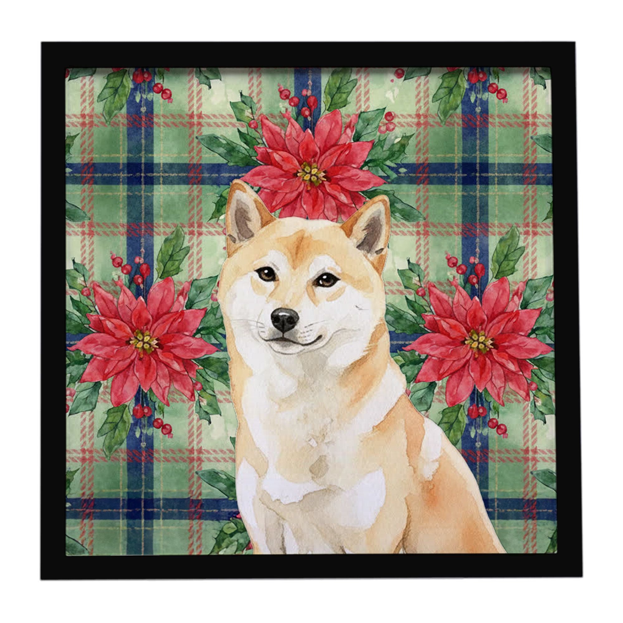 Cream Shiba Inu Christmas PoinsettIas Framed Metal Print Bathroom, Kitchen, Office, Home Decor Wall Art Ready to Hang, Square, 8