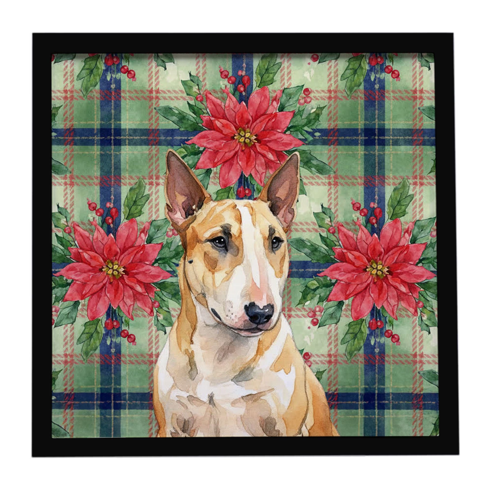 Miniature Bull Terrier Christmas PoinsettIas Framed Metal Print Bathroom, Kitchen, Office, Home Decor Wall Art Ready to Hang, Sq